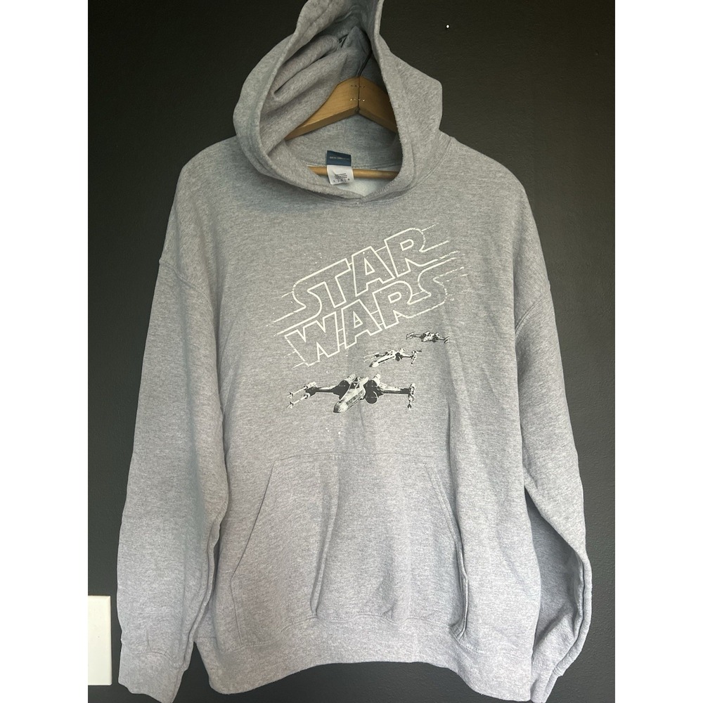 Star‎ Wars X-Wing Hoodie Men's L Gray Pullover Hooded Fleece Sweatshirt Disney